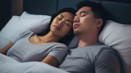 Snoring man. Couple in bed, men snoring and women can not sleep, covering ears with pillow for snore noise. Young interracial couple, Asian woman, Caucasian men sleeping in bed at home.