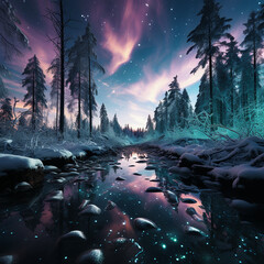 View of a frozen cold winter Nordic landscape with the starry sky

