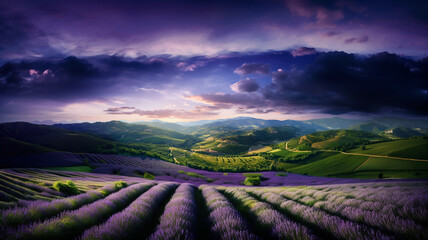 Suggestive aerial view of fields and hills cultivated with lavender, incredibly magical and effective atmosphere
