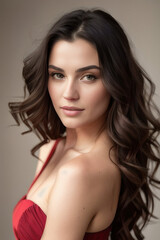 Fototapeta premium Close-up portrait of a brunette model in a rich red silk dress on a gray background