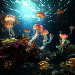 Fototapeta na wymiar Beautiful jellyfish swim in their habitat, transparencies, lights and colors of effect 