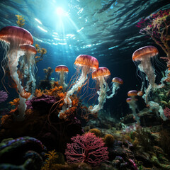 Beautiful jellyfish swim in their habitat, transparencies, lights and colors of effect
