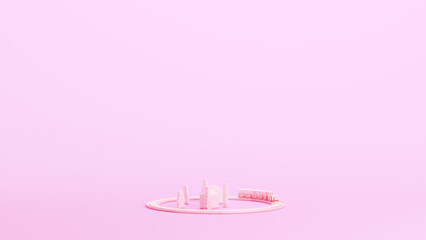Pink toy train track children wooden trendy stylish kitsch pink background 3d illustration render digital rendering