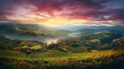 Fototapeta na wymiar Splendid aerial view of fields cultivated with vines, magical atmosphere 