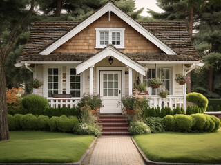 Soft beige cottage exterior, elegant design. AI generative.