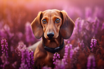 Dachshund dog in purple heather flower field.