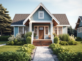 Fototapeta na wymiar Cottage in calming blue tones, cozy house exterior. AI generative.