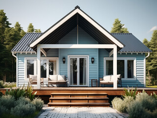 Fototapeta na wymiar Blue cottage with a charming, well-lit design. AI generative.