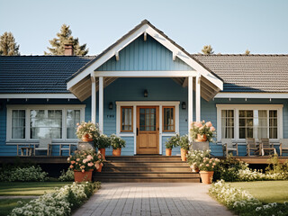 Fototapeta na wymiar Blue cottage showcasing a tranquil exterior. AI generative.