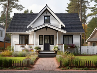 Sleek grey cottage showcasing minimalist charm. AI generative.