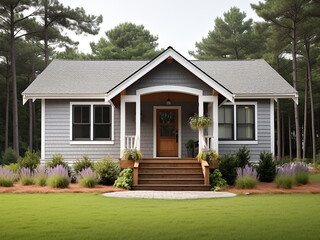 Cozy grey cottage, charming exterior design. AI generative.