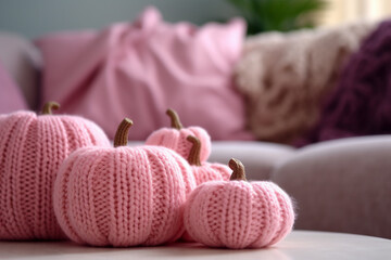 Fototapeta na wymiar Knitted pink pumpkin seasonal autumn or Halloween decoration