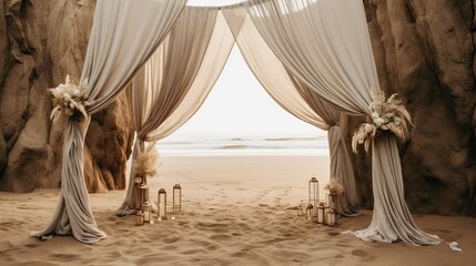 Fototapeta na wymiar wedding beach backdrop aesthetic flower tropical plants boho curtain decoration background