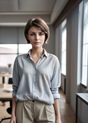 immagine di giovane donna in abbigliamento informale, ambiente di lavoro luminoso e spazioso alle spalle
