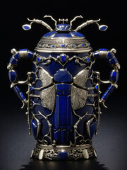 beer mug metalwork , black background, meticulous details, symmetry and balance