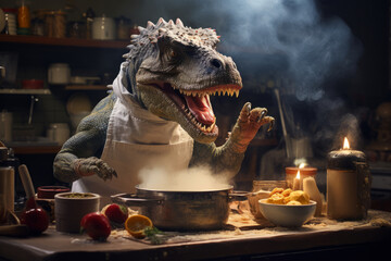 A humorous scene featuring a chef cooking up a storm in a kitchen full of dinosaur-themed ingredients and utensils. Generative AI