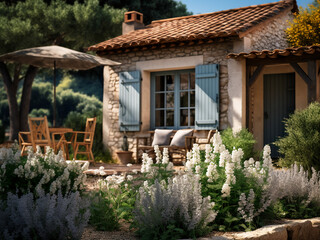 Elegant Provence cottage, thoughtfully designed house. AI generative.