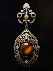 Egg metalwork jewelry, black background, meticulous details, symmetry and balance