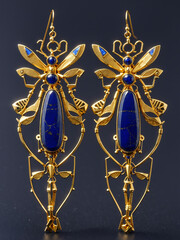 earrings metalwork jewelry, black background, meticulous details, symmetry and balance