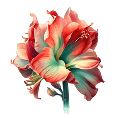Amaryllis flower with red stripes, in the style of hyperrealistic illustrations, light emerald and amber, painted illustrations, light red and pink on transparent background png  - Generative AI