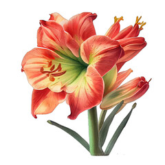 A painting of a single Amaryllis red flower, in the style of watercolor illustrations, highly realistic isolated on transparent background png - Generative AI