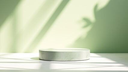 Mockup of an empty podium made of natural green stone for products against a green wall with shadows. 3D pedestal for demonstration or promotional purposes. Generative AI