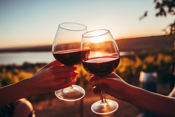 Friends toasting red wine glass and having fun cheering at winetasting experience. Young people enjoying harvest time together outside at farm house vineyard countryside