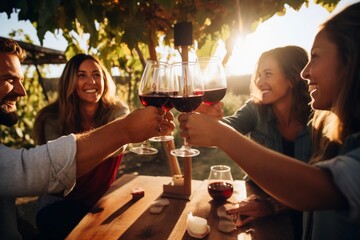 Friends toasting red wine glass and having fun cheering at winetasting experience. Young people enjoying harvest time together outside at farm house vineyard countryside