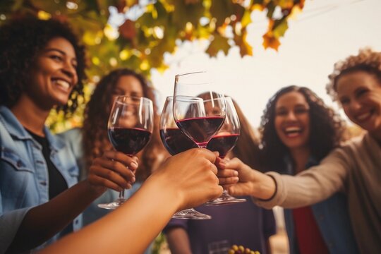 Friends toasting red wine glass and having fun cheering at winetasting experience. Young people enjoying harvest time together outside at farm house vineyard countryside
