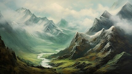 beautiful oil painting mountain landscape panorama