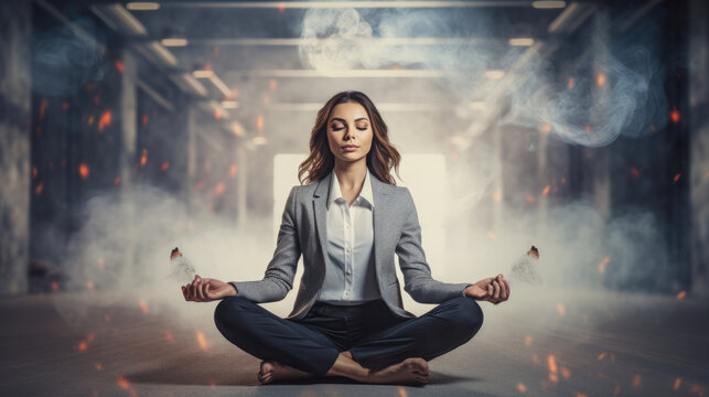 Young business woman is meditating to relieve stress of busy corporate life