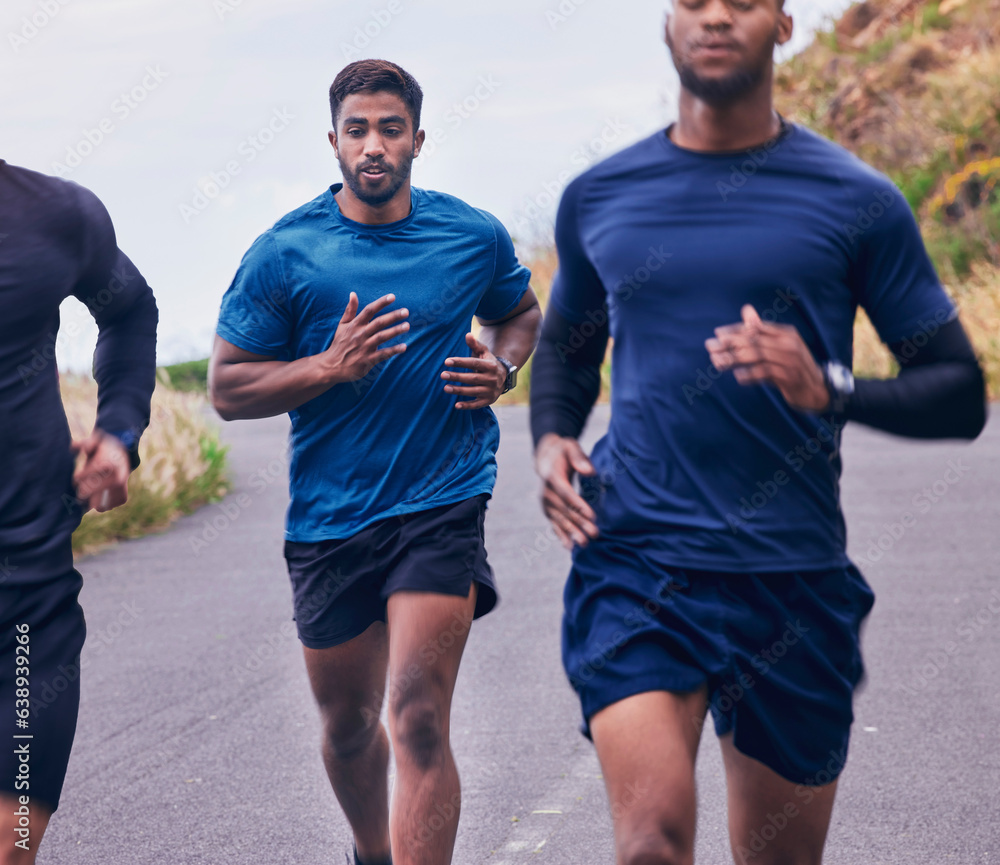 Canvas Prints Running, fitness and men friends in a road for training, speed and energy, health and cardio routine in nature. Sports, diversity and man group on practice run for competition, workout or performance