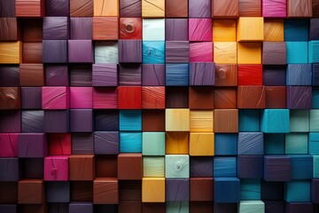 A spectrum of brightly colored wooden blocks in a regular row represents creativity and diversity. The transition of the blocks shows the unique contribution of each and its impact on the big picture.