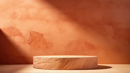 Mockup of an empty podium made of natural terracotta stone for products against a terracotta wall shadows. 3D pedestal for demonstration or promotional purposes. Generative AI