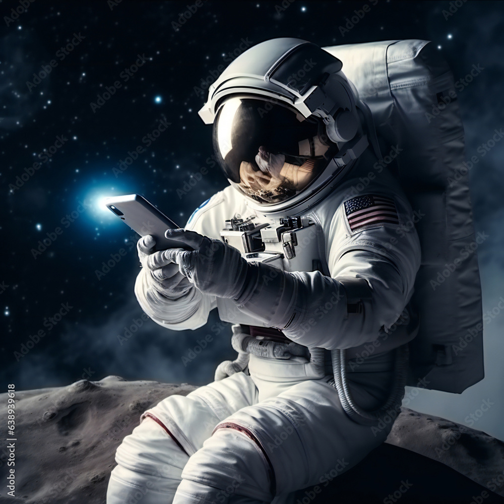 Wall mural astronaut using mobile phone in space