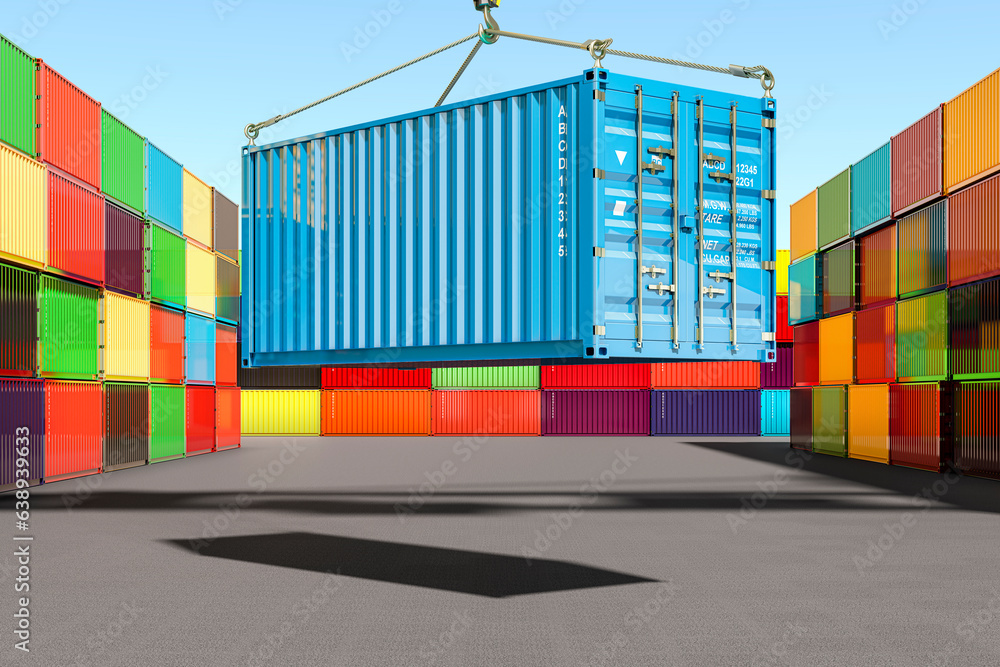 Poster crane hook with cargo container in container terminal, 3d rendering