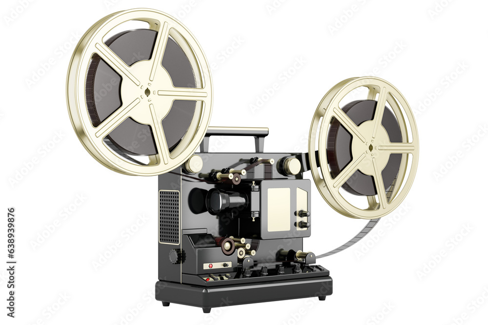 Poster retro cinema projector with movie reels, 3d rendering isolated on transparent background