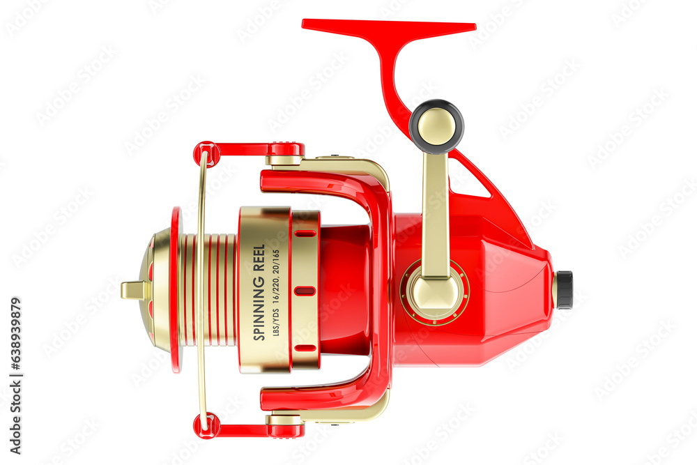 Poster red spinning reel, side view. 3d rendering isolated on transparent background