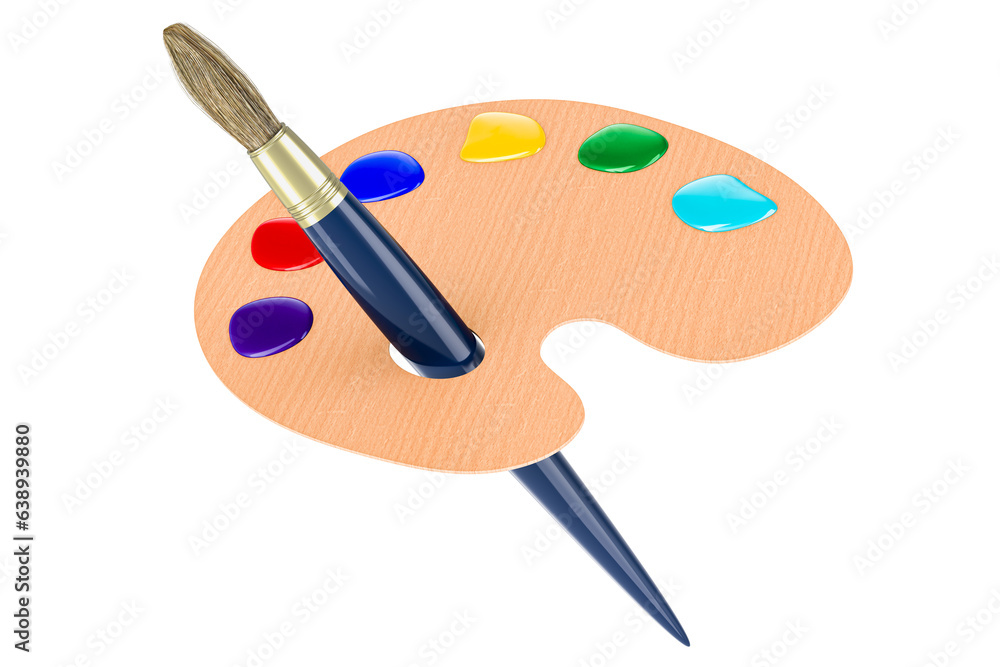 Poster paint palette with brush, 3d rendering isolated on transparent background