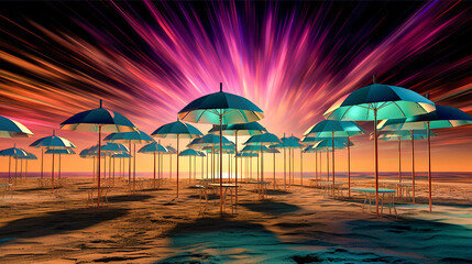 Row Of Vibrant Beach Umbrella. Relaxing Beach With Beautiful Parasols. Generative AI