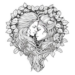 two woman in a tree trunk forming a heart coloring book style illustration