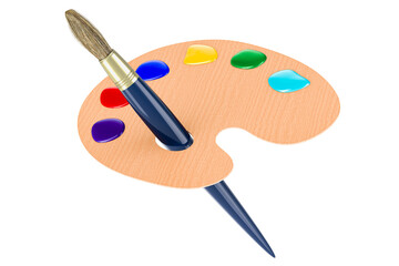 Paint Palette With Brush, 3D rendering isolated on transparent background
