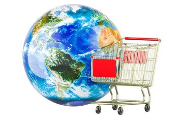 Shopping cart with Earth Globe. Global shopping concept, 3D rendering isolated on transparent background - obrazy, fototapety, plakaty