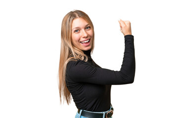 Young pretty blonde woman over isolated chroma key background doing strong gesture