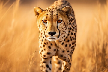 Naklejka premium Cheetah stalking fro prey on savanna, digital art