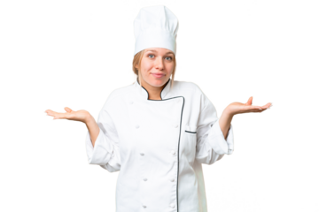 Young chef woman over isolated chroma key background having doubts while raising hands