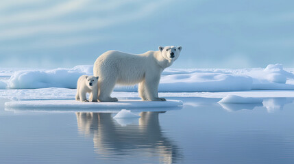 polar bear mother and cub along ice floe in arctic ocean. generative ai