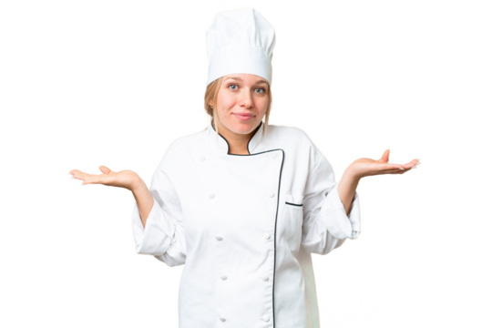 Young chef woman over isolated chroma key background having doubts while raising hands