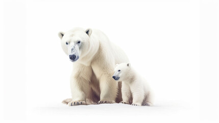 Polar bear with cub isolated on the white background. generative ai