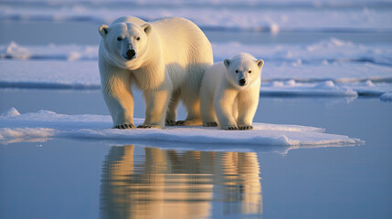 Polar bear with cub on ice floe. generative ai